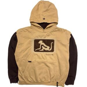 Vintage Y2K Drunknmunky Tan & Brown Big Embroidered Logo Hoodie Sweatshirt Large